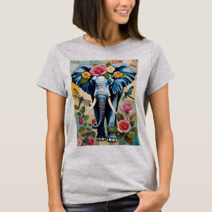 Elephant With Roses And Dragonflies Patchwork T-Shirt