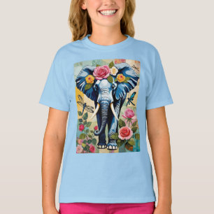 Elephant With Roses And Dragonflies Patchwork T-Shirt