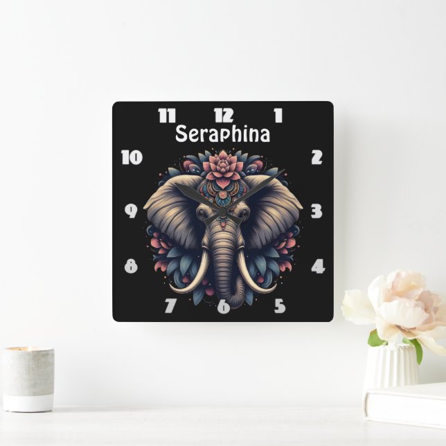 Elephant with vibrant floral patterns square wall clock (Home)