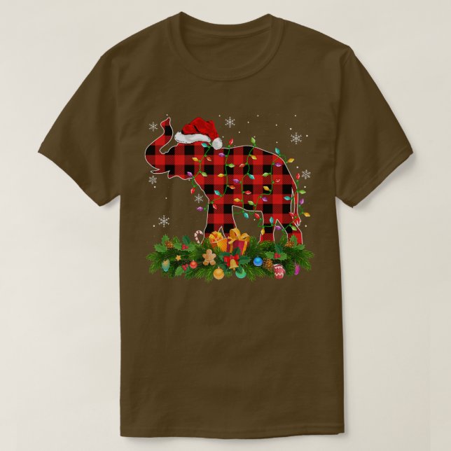 Elephant Xmas Lights Buffalo Plaid Santa Elephant  T-Shirt (Design Front)