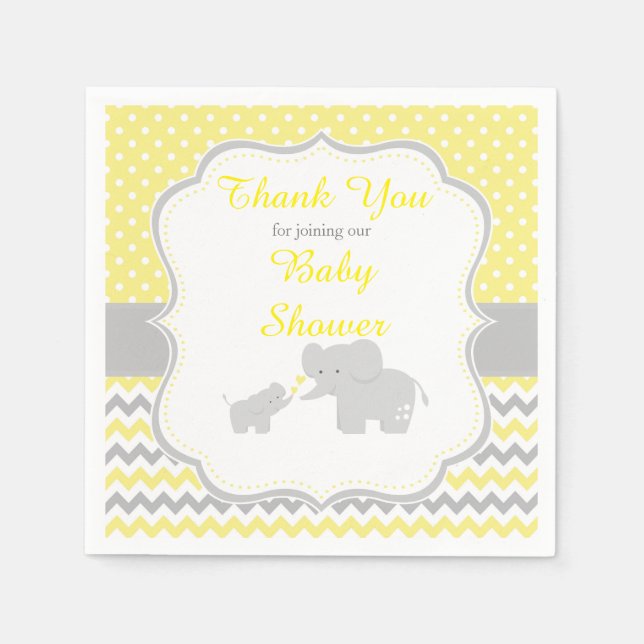 Elephant Yellow and Grey Baby Shower Party Napkin (Front)