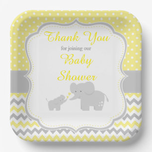 Elephant Yellow and Grey Baby Shower Party Paper Plate