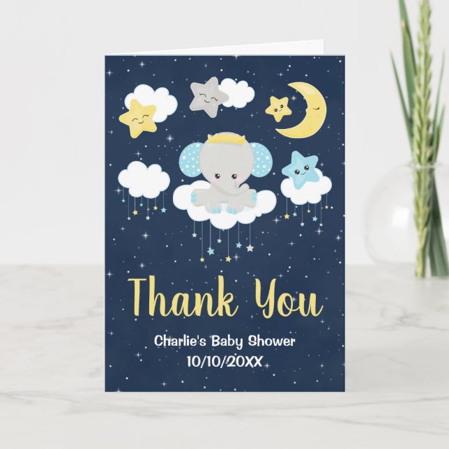 Elephant Yellow and Navy Baby Shower Thank You Card (Front)