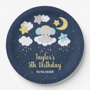 Elephant Yellow and Navy Birthday Party Paper Plate
