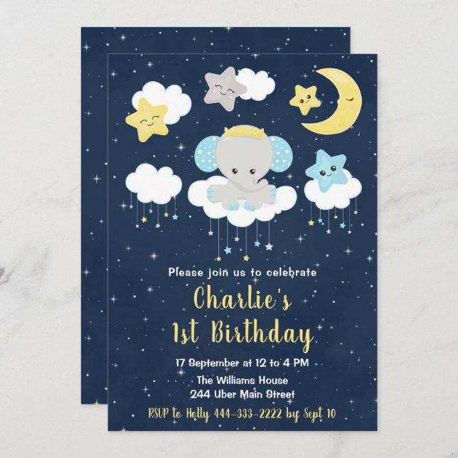 Elephant Yellow and Navy Blue Birthday Party Invitation (Front/Back)