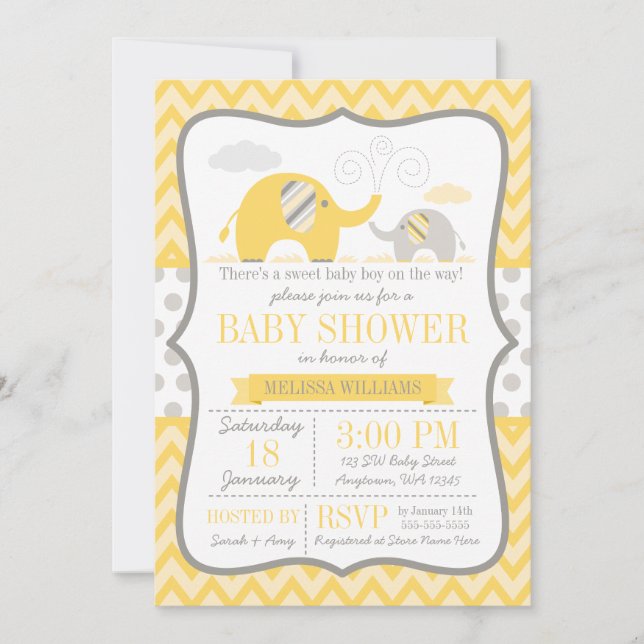 Elephant Yellow Grey Baby Shower Invitation (Front)