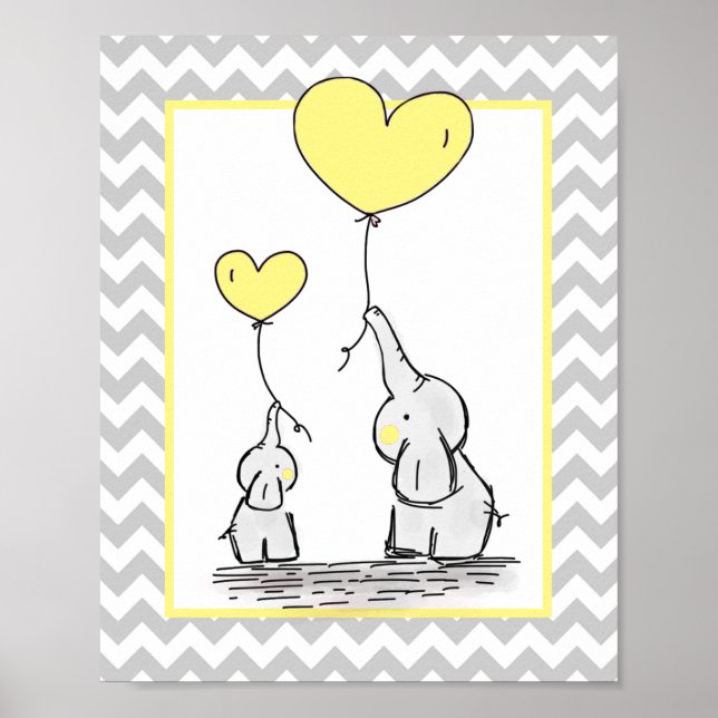Elephant Yellow White Grey Chevron Baby Nursery Poster (Front)