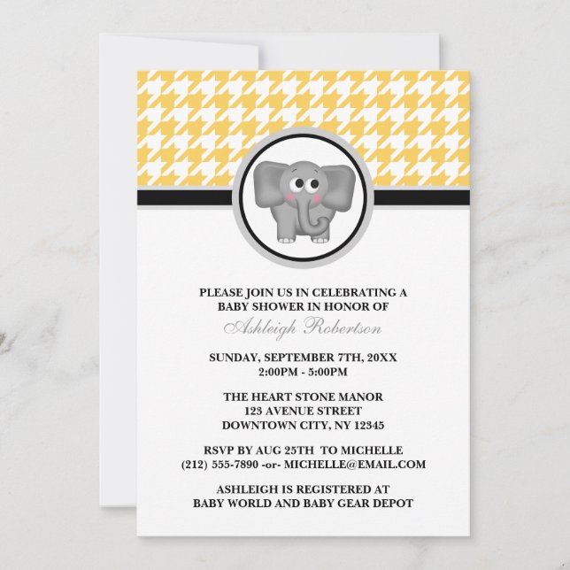 Elephant Yellow & White Houndstooth Baby Shower Invitation (Front)