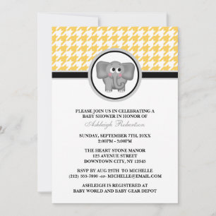 Elephant Yellow & White Houndstooth Baby Shower Invitation