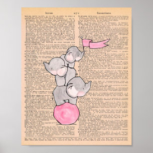 Elephantd Balancing on Ball Dictionary Nursery Art Poster
