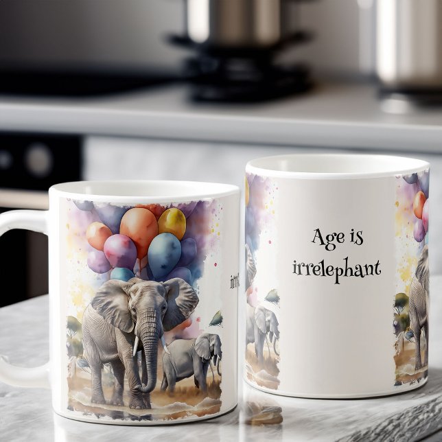 Elephants and Balloons Funny Age Joke Birthday Coffee Mug (Age is Irrelephant Funny Birthday Mug)