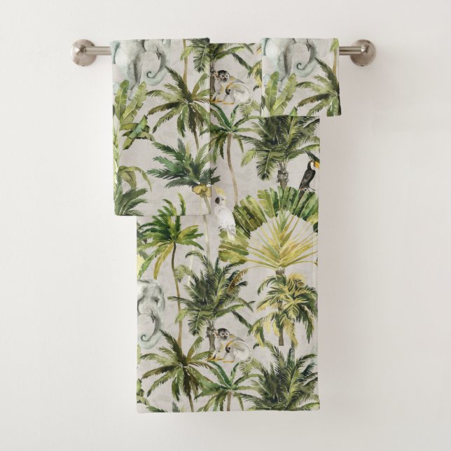 Elephants and Friends Palm Jungle Bath Towel Set (Insitu)