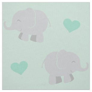 Elephants and Hearts Pattern   Mint Green and Grey Fabric