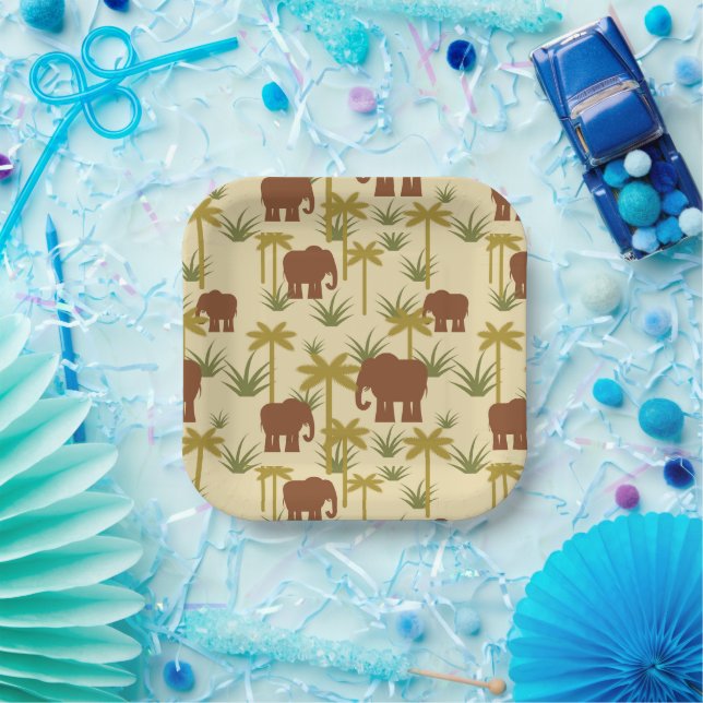 Elephants And Palms In Camouflage Paper Plate (Party)