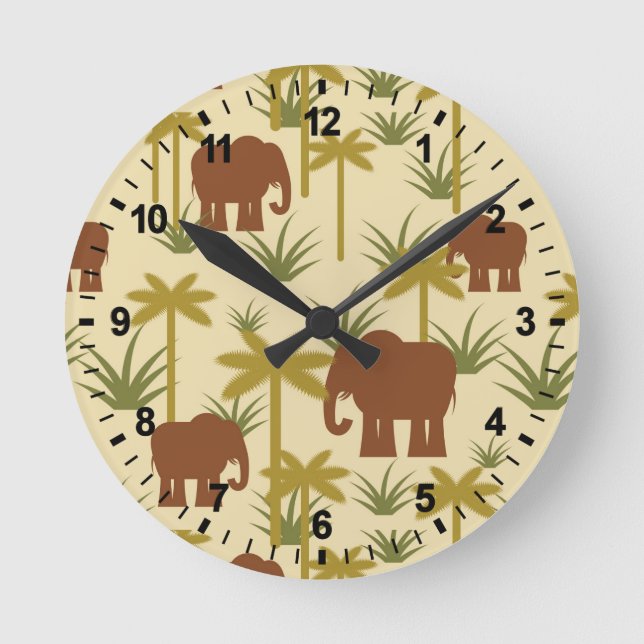 Elephants And Palms In Camouflage Round Clock (Front)