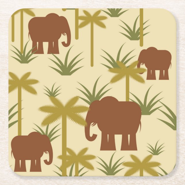 Elephants And Palms In Camouflage Square Paper Coaster (Front)
