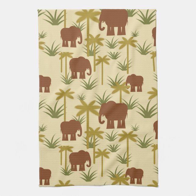 Elephants And Palms In Camouflage Tea Towel (Vertical)