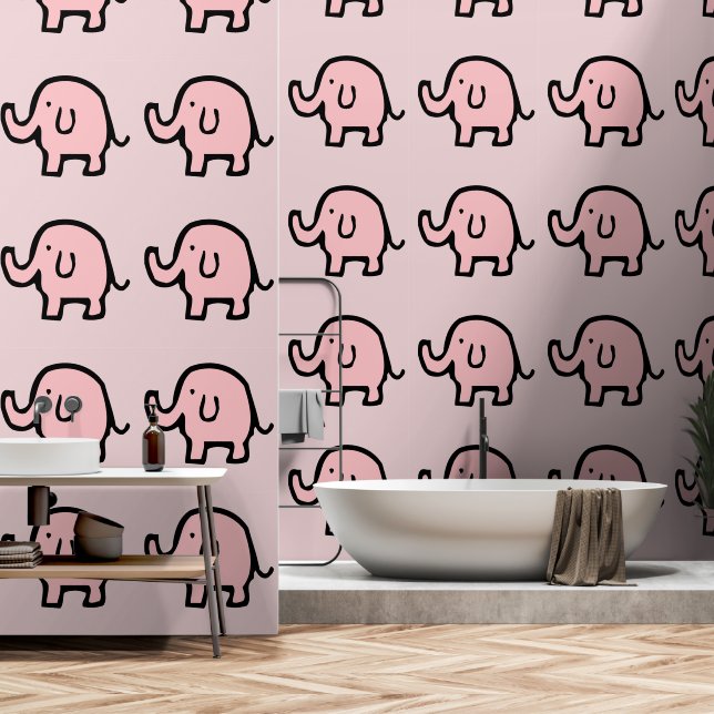 Elephants Animal Patterns Baby Girl Nursery Pink Wallpaper (Bathroom)