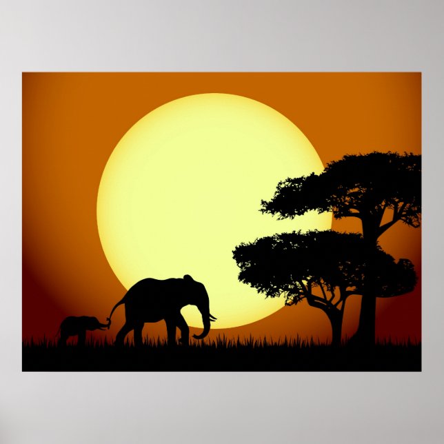 Elephants at sunset poster (Front)