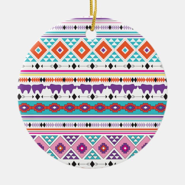 Elephants Aztec Tribal pattern graphic Ceramic Tree Decoration (Front)