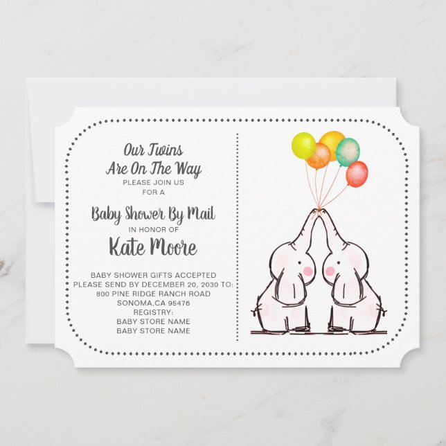 Elephants Baby Shower By Mail | Twins Invitation (Front)