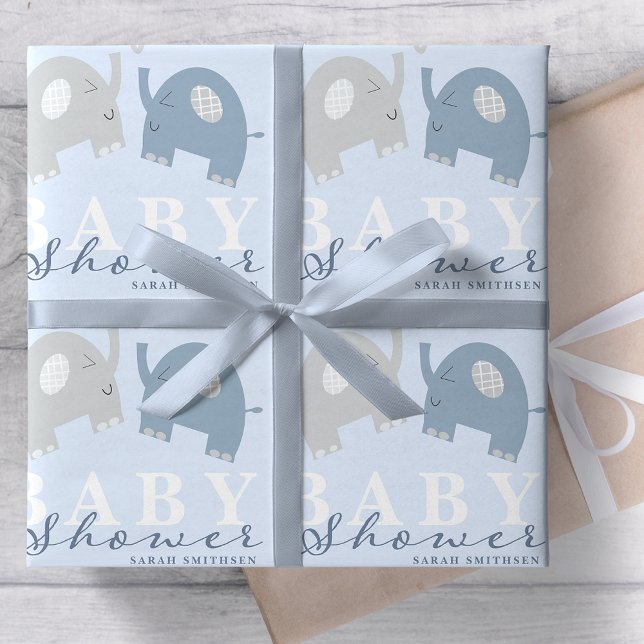 Elephants Baby Shower Dusty Blue Wrapping Paper (Creator Uploaded)