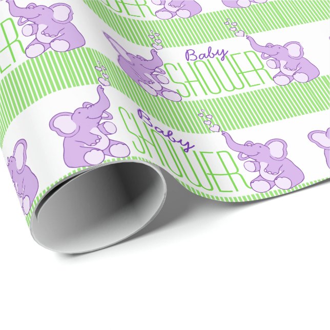 Elephants baby shower green purple birthday wrap wrapping paper (Roll Corner)