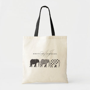 Elephants , Black and White Pattern Monogram Name Tote Bag