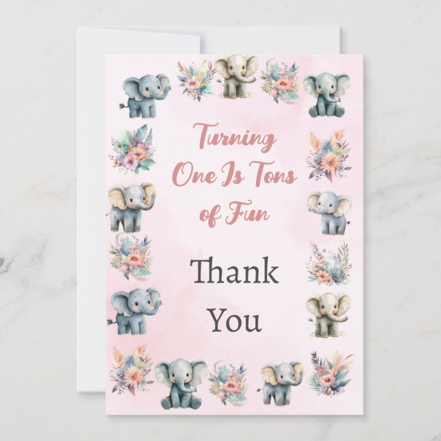 Elephants Boho Jungle Flower Pink Thank You Card (Front)