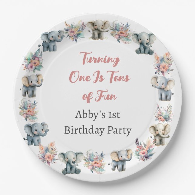 Elephants & Boho Jungle Flowers Birthday Paper Plate (Front)