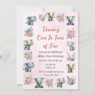 Elephants & Boho Jungle Flowers on Pink Birthday  Invitation