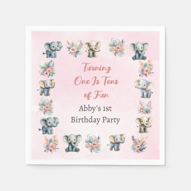 Elephants & Boho Jungle Flowers on Pink Birthday Napkin (Front)
