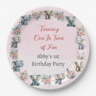 Elephants & Boho Jungle Flowers on Pink Birthday Paper Plate