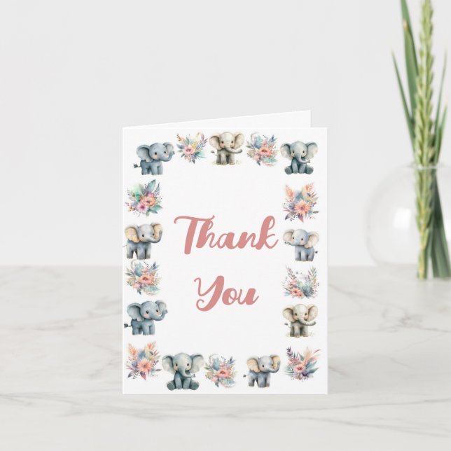 Elephants & Boho Jungle Flowers Thank You Card (Front)