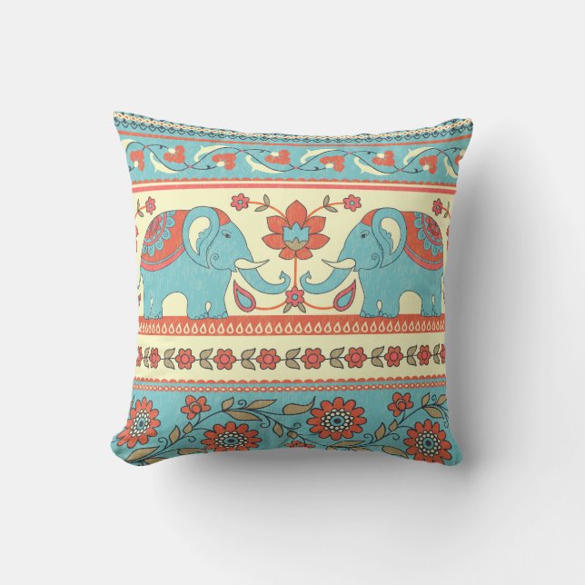 Elephants, flowers, ethnic striped pattern cushion (Front)