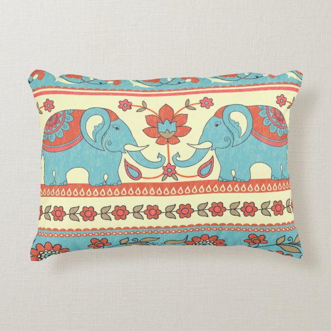 Elephants, flowers, ethnic striped pattern decorative cushion (Front)