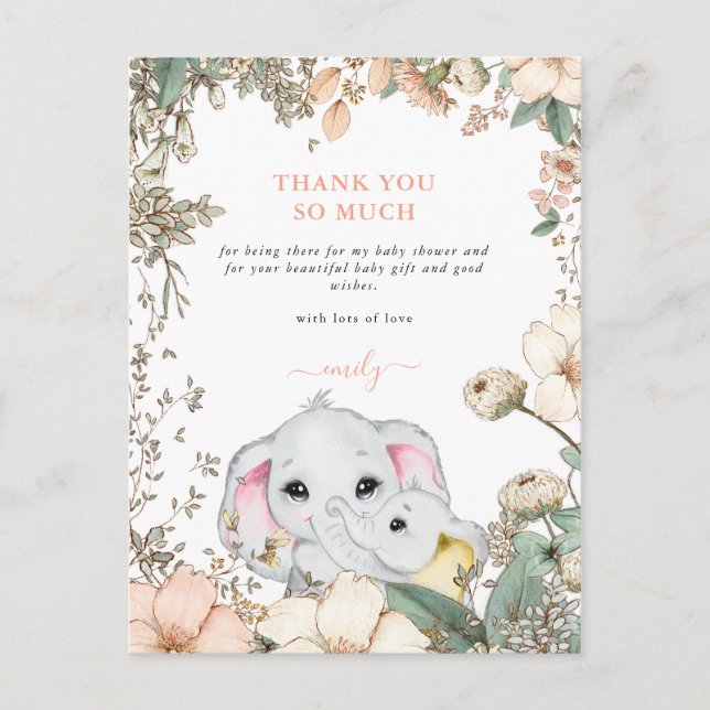 Elephants Foliage Coral Baby Shower Thank You Postcard (Front)