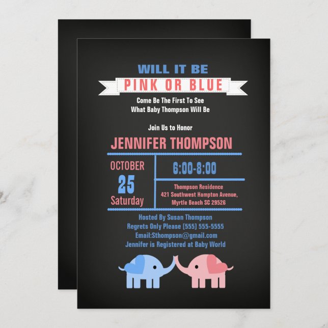 Elephants Gender Reveal Chalkboard Baby Shower Invitation (Front/Back)