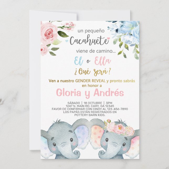 Elephants gender reveal invitation, Spanish. Invitation (Front)
