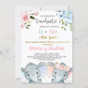 Elephants gender reveal invitation, Spanish. Invitation