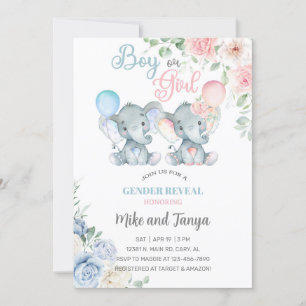 Elephants gender reveal invite, pink blue flowers. invitation