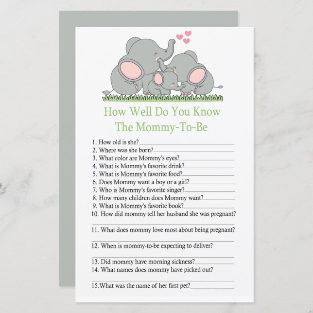 Elephants How well do you know baby shower game (Front/Back)