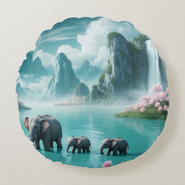 Elephants in a Dream World Round Cushion (Front)