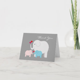 Elephants in Blue and Pink Twins Thank You Card