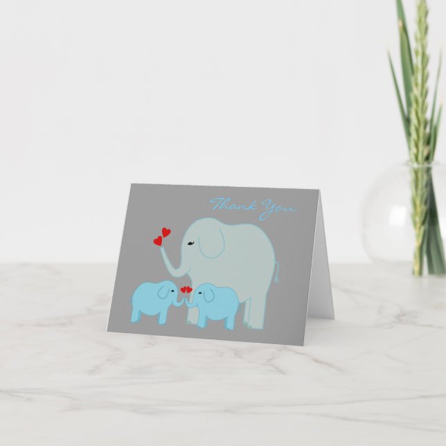 Elephants in Blue Twins Thank You Card (Front)