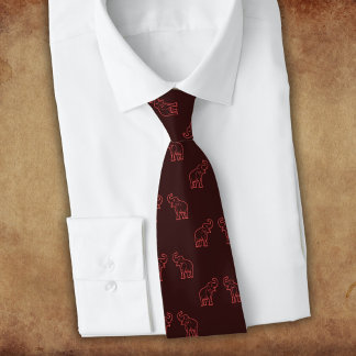 Elephants in red with raised trunks (on dark) tie