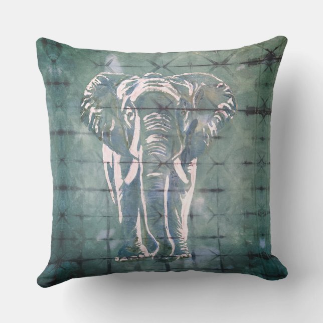 Elephants in the Art of Japanese Dye, Tribal Green Cushion (Back)
