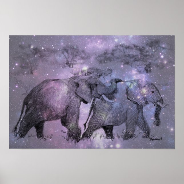 Elephants in Winter Walking in Moonlight Poster (Front)