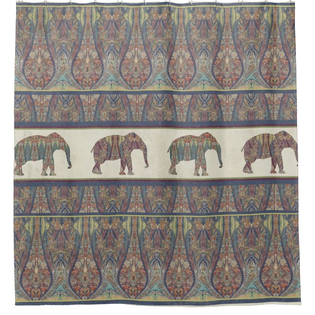 Elephants Kashmir Pattern Tribal Boho Bohemian Shower Curtain (Front)