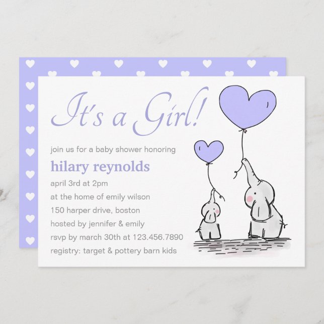 Elephants | Lilac Heart Balloons Baby Shower Invitation (Front/Back)